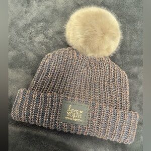 Love Your Melon Marled Blue/grey-Pink/rose gold Knit Pom Beanie